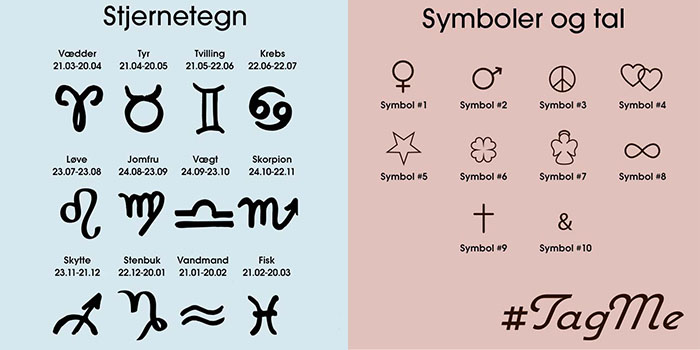 Symboler og stjernetegn, som kan vælges til TagMe smykker fra Scrouples - Spar 10% hos Guldcenter