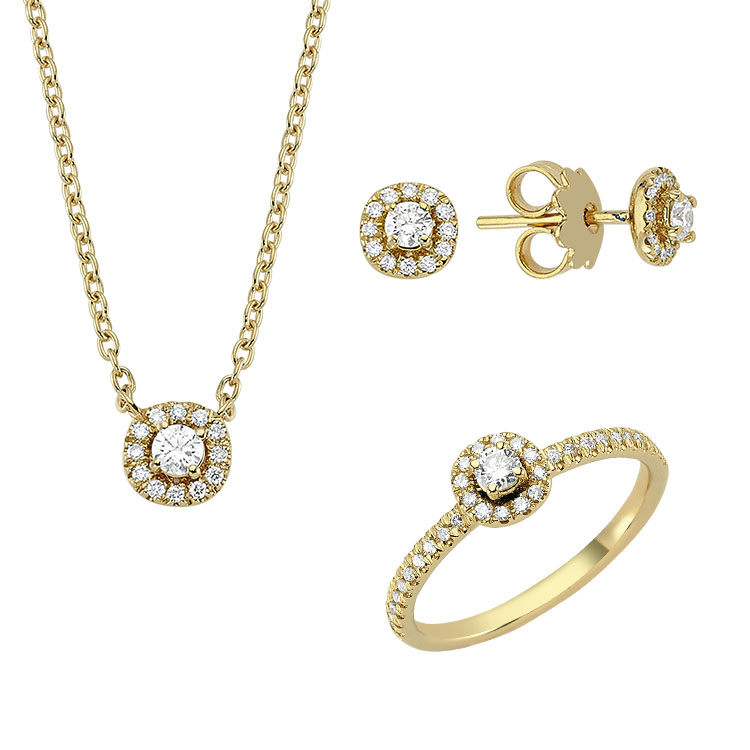 Sofia fra Nuran - Guld ring, halskæde og øreringe med diamanter